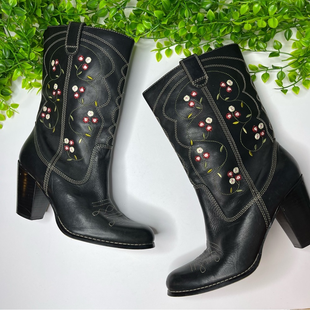 COPY - Seychelles Anthropologie Floral Embroidered Black Heeled Cowboy Boots Si…